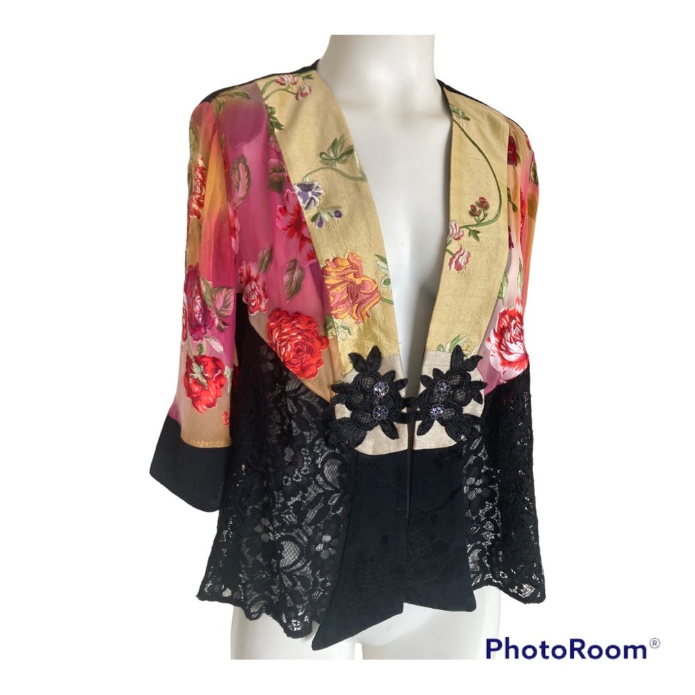 Vintage Violet Kay Kimono Blouse Jacket Multi Black Floral with Lace Petite M